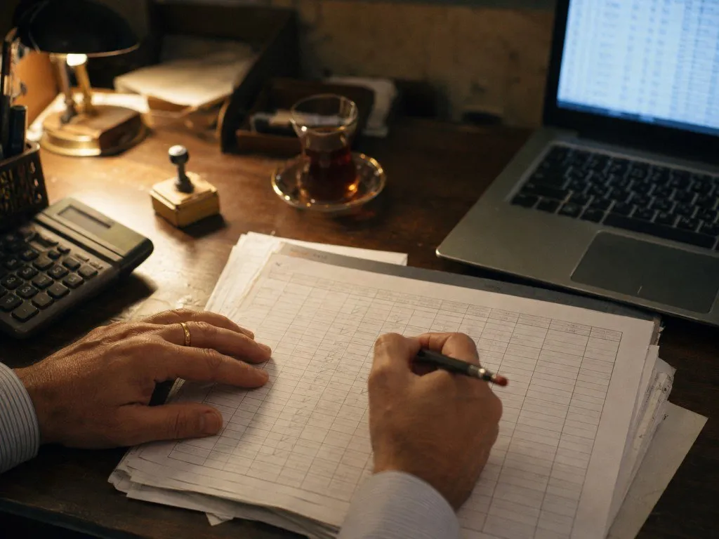 Hands checking figures against a ledger at a desk