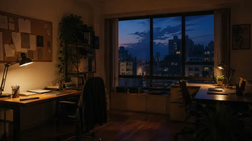 A quiet workspace at the end of the day