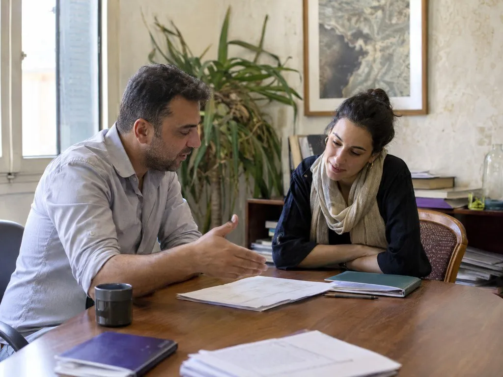 Two colleagues reviewing documents together